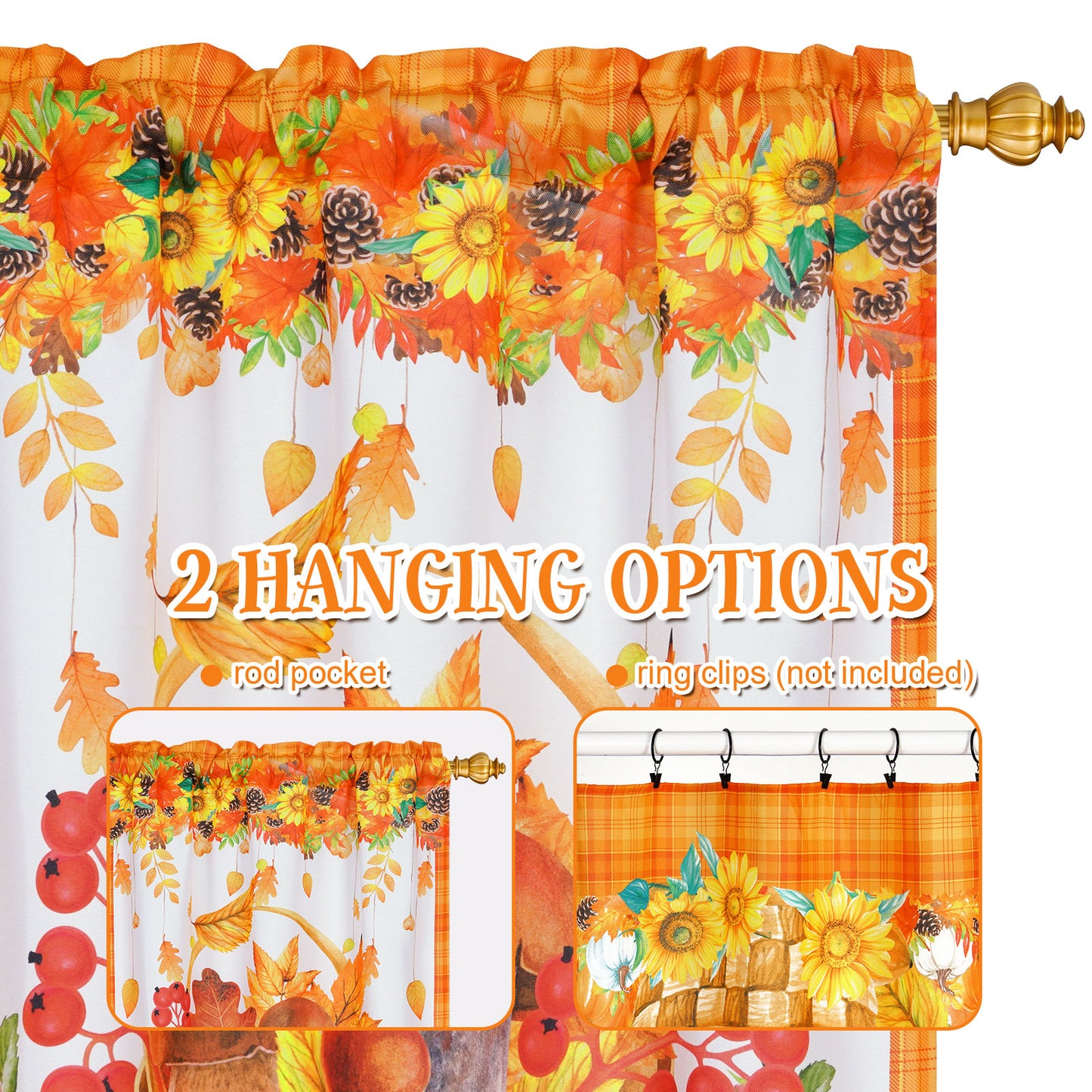 Alishomtll Fall Kitchen Curtains Sunflower Pumpkins Autumn Leaves Print Curtains Sets Thanksgiving,Rod Pocket ,30"Wx36"L