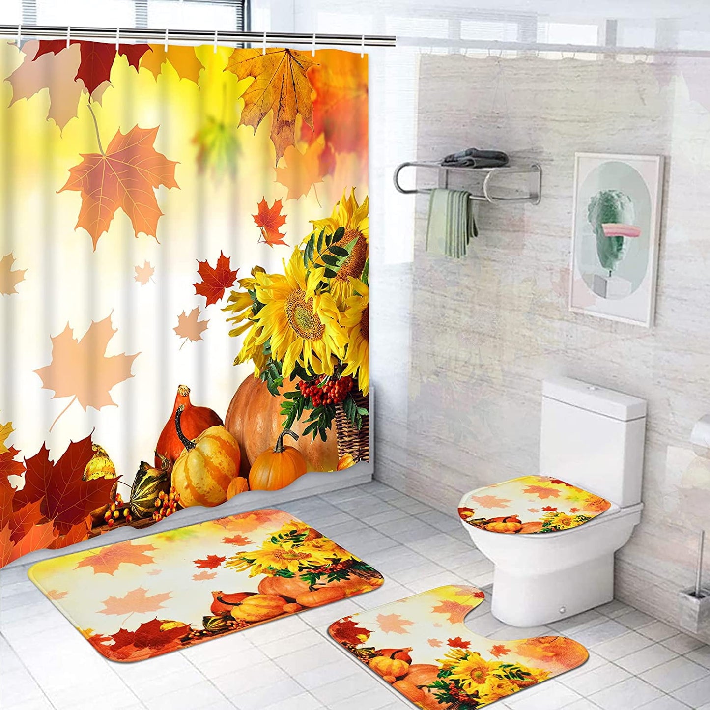 FRAMICS Thanksgiving Shower Curtain Set with Rugs, Orange Maple Leaf Pumpkin Pattern Bathroom Decor Set, Autumn Waterproof Fabric Shower Curtain with 12 Hooks and Toilet Rugs