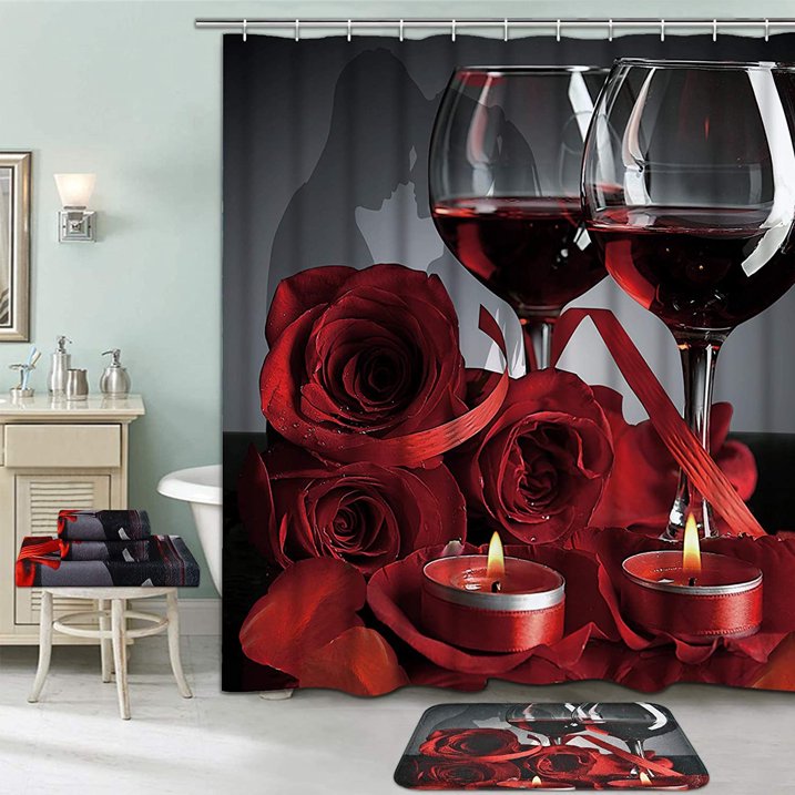 FRAMICS 16 Piece Red Rose Wine Shower Curtain Sets with Rugs, Romantic Floral Bathroom Sets, Waterproof Fabric Shower Curtain with 12 Hooks and Toilet Rugs