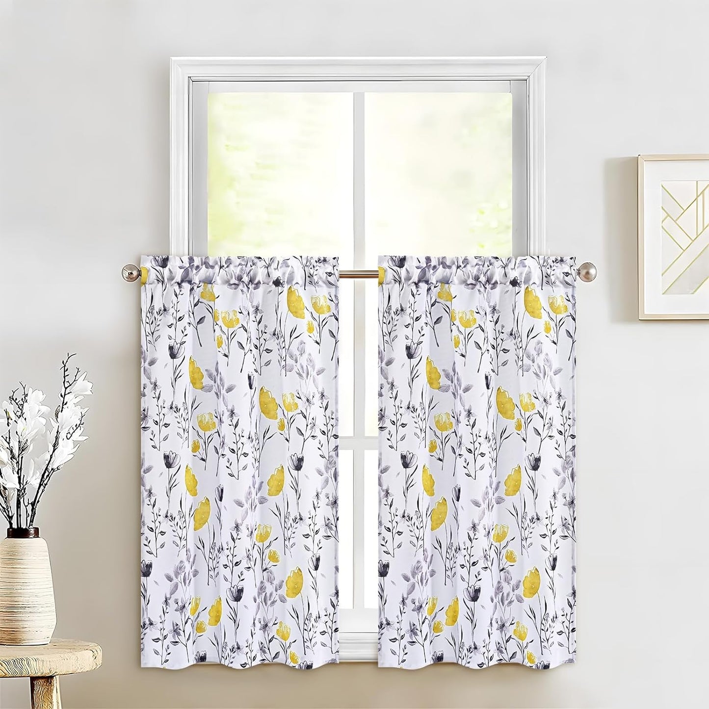 Alishomtll Kitchen Curtains Floral Print Tier Curtains Sets Light Filtering Small Window Drapes Rod Pocket ,26"Wx36"L,2 Panels,Yellow