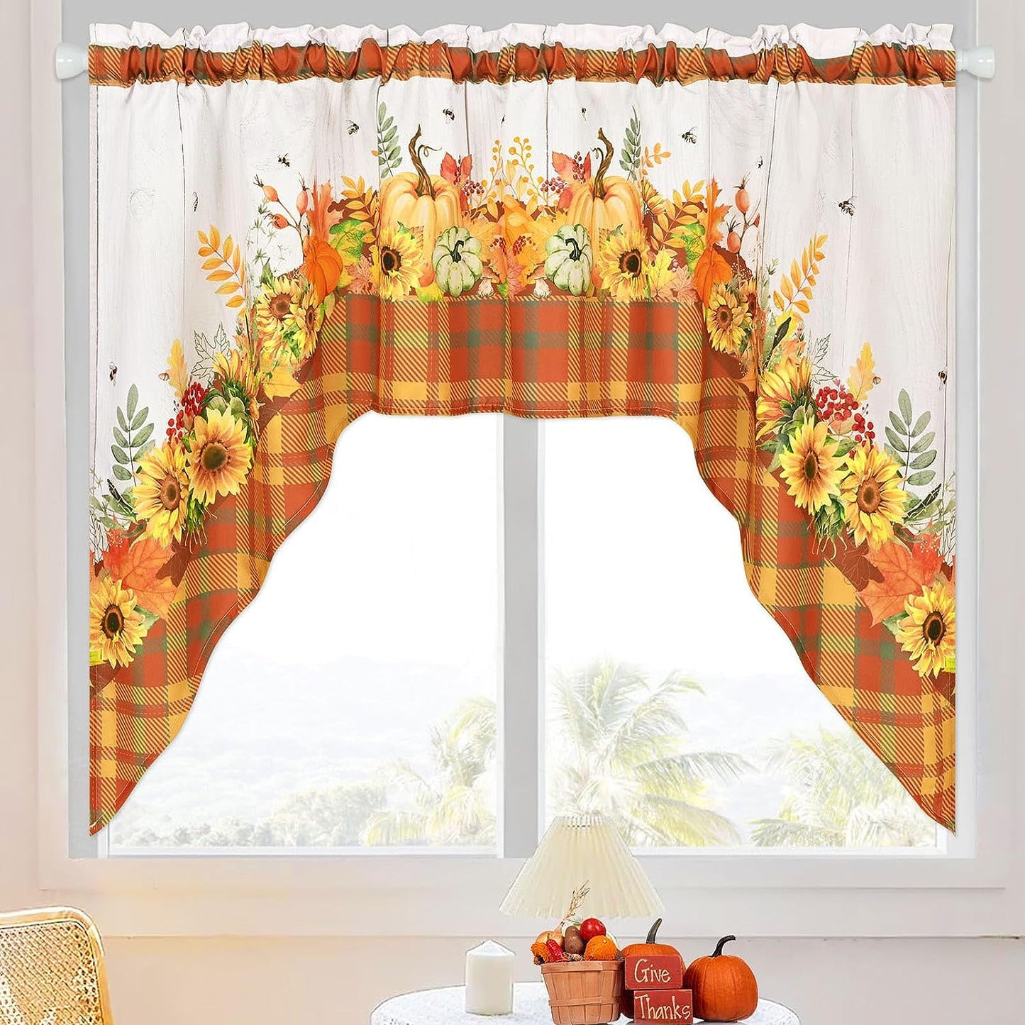 Alishomtll Fall Thanksgiving Valance Curtains for Kitchen Swag Pumpkin Sunflower Window Drapes,61" W x 36" L,Rod Pocket,