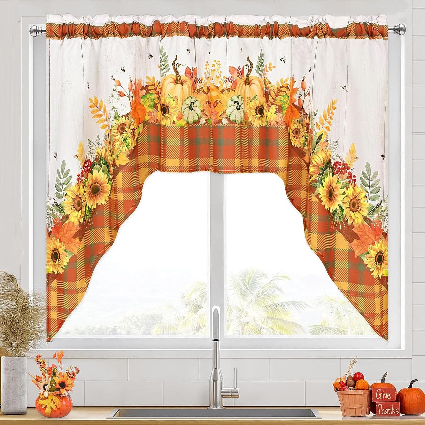 Alishomtll Fall Thanksgiving Valance Curtains for Kitchen Swag Pumpkin Sunflower Window Drapes,61" W x 36" L,Rod Pocket,