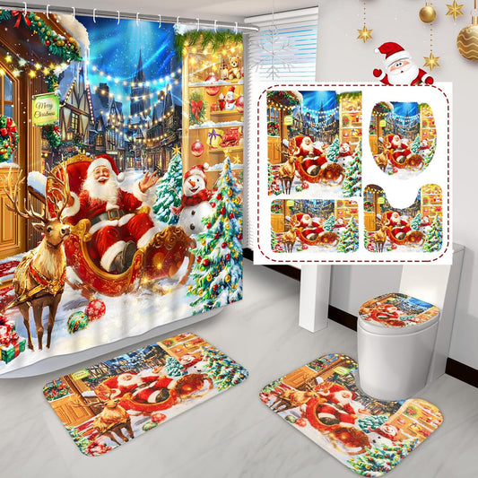 FRAMICS Christmas Shower Curtain Sets with Rugs, 16 Pc Santa Claus Reindeer Bathroom Sets, Xmas Waterproof Fabric Bathroom Decor with Hooks