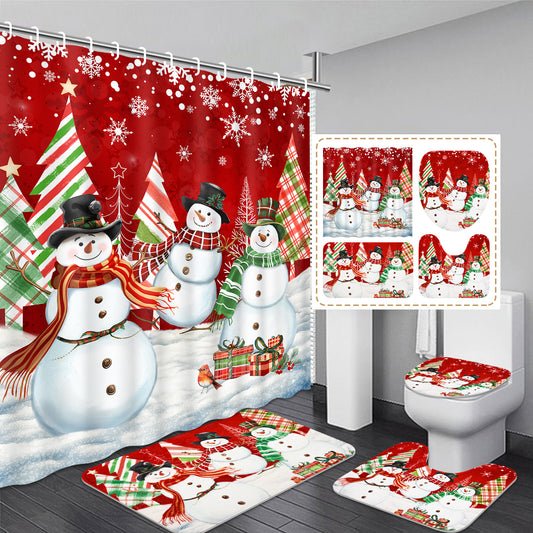 FRAMICS Christmas Snowman Shower Curtain Sets with Rugs, 16 Pc Xmas Tree Snowflake Bathroom Sets, Red Waterproof Fabric Bathroom Decor with Hooks