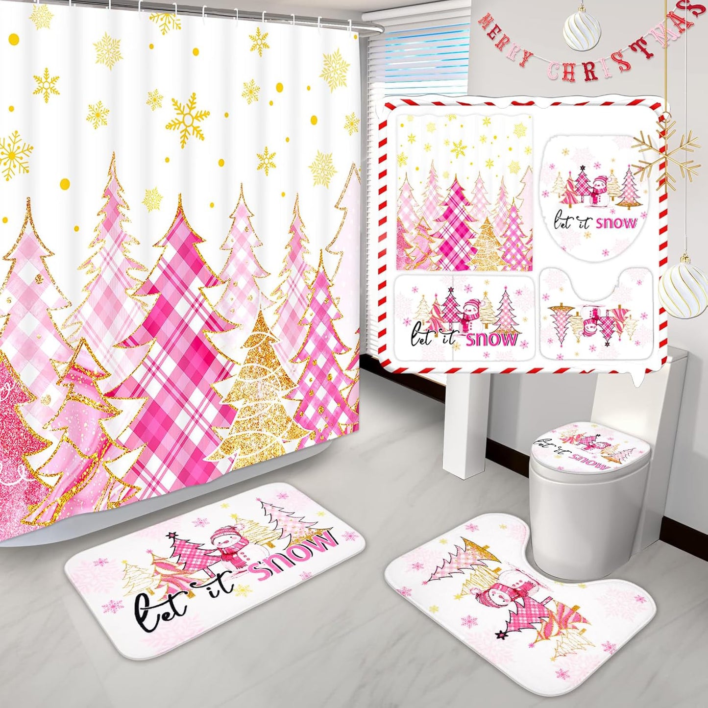 FRAMICS Christmas Shower Curtain Sets with Rugs, 16 Pc Xmas Tree Snowflake Bathroom Sets, Pink Waterproof Fabric Bathroom Holiday Decor