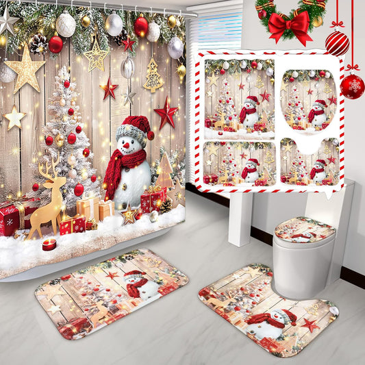 FRAMICS Christmas Snowman Shower Curtain Sets with Rugs, 16 Pc Xmas Tree Wood Barn Door Bathroom Sets, Rustic Winter Waterproof Fabric Bathroom Decor with Hooks